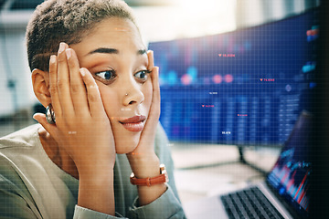 Image showing Business woman, stress and shocked for stock market crash, trading mistake and bankruptcy on computer. African trader with statistics, data analytics error and cryptocurrency crisis or financial fail