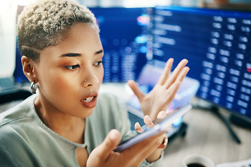 Image showing Frustrated woman, phone and speaker in trading, fail or mistake from stock market crash at office. Broker in debt, stress or anxiety talking or recording voice note on smartphone after bad investment