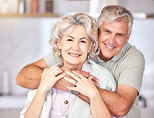 Image showing Portrait, happy and senior couple hug in house for love, care and relax in retirement at home. Old man, elderly woman and smile with trust to embrace for support, commitment and loyalty in marriage