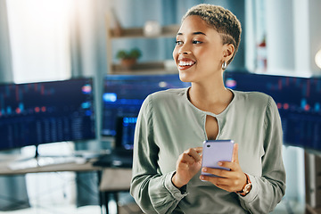 Image showing Business woman, phone and thinking of trading, stock market investment and profit, sales or growth in home office. Trader or african entrepreneur on mobile app for financial solution and happy data