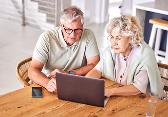 Image showing Senior couple, laptop and search in home for online shopping, banking and planning insurance for retirement. Old man, elderly woman and typing on computer for financial investment, budget and network