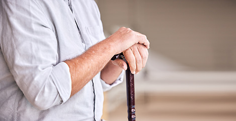 Image showing Hands, walking stick and elderly person in home for support, healthcare and help in retirement. Closeup, banner and senior with disability for aid of parkinson, arthritis and rehabilitation of stroke