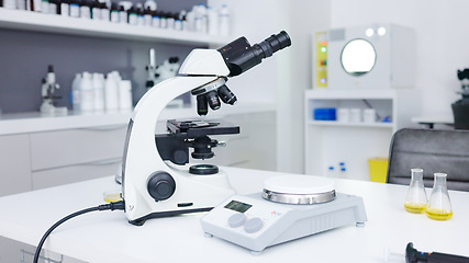 Image showing Backgrounds, science scale and microscope in laboratory for innovation, medical research or investigation of dna, particles or medicine. Biotechnology tools, chemistry or empty for health development