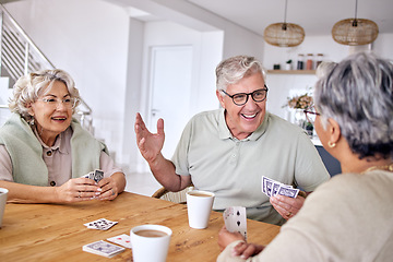 Image showing Senior friends, man and women with card game, competition and strategy with smile, chat and relax in home. Elderly group, poker and gambling with funny conversation, memory and retirement in house