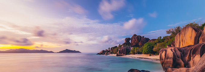 Image showing Dramatic sunset at Anse Source d'Argent beach, La Digue island, Seychelles