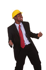 Image showing businessman with happy hands raised 