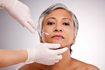 Image showing Plastic surgery hands, woman and injection portrait for facial cosmetics, aesthetic change or medical consultation. Studio PRP, salon face filler and mature patient transformation on white background