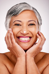 Image showing Senior, happy woman and portrait with face cream in skincare or beauty cosmetics against a studio background. Mature female person smile with lotion, creme or moisturizer for spa or facial treatment