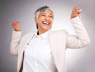 Image showing Flex, studio and portrait of business woman for success, leadership and empowerment. Success, corporate and face of mature person show muscles for power, strength and confidence on gray background
