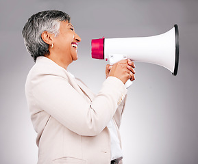 Image showing Business woman, megaphone and voice for announcement, broadcast or news in human resources on a white background. Happy manager or leader profile of call to action, HR attention or speaking in studio