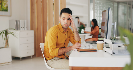 Image showing Stress, depression and business man at table in office for challenge, financial crisis or bankruptcy in startup. Frustrated, anxiety and sad professional thinking of bad news, tax debt and mistake