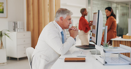 Image showing Thinking, ceo and senior man on computer, reading email and planning in business office. Vision, idea and serious manager on pc brainstorming finance solution, problem solving and decision making