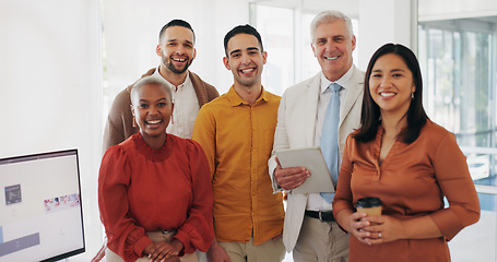 Image showing Portrait, collaboration or management and a business team in the office with a mindset of growth. Smile, leadership and diversity with a happy employee group in the workplace together for teamwork