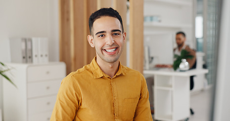 Image showing Portrait, happy and business man in office, startup company or workplace for career or job. Face, creative designer and smile of professional worker, employee and confident entrepreneur coworking