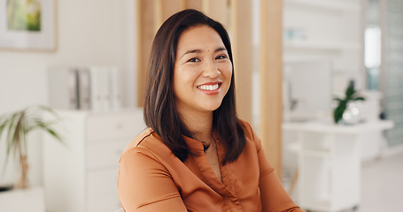 Image showing Portrait, happy and business woman in office, startup company and workplace for career or job. Face, creative designer and smile of Asian professional worker, employee and entrepreneur in Cambodia