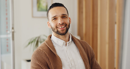 Image showing Portrait, smile and business man in office, startup company or workplace for career or job. Face, creative designer and happy professional worker, employee person and confident entrepreneur in Brazil