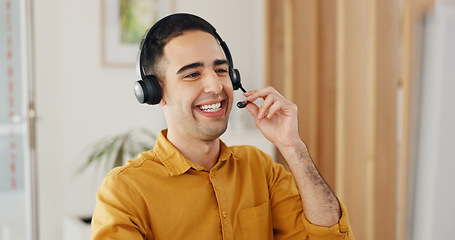 Image showing Call center, man and consulting at computer with smile for CRM questions, FAQ contact and IT support. Happy telemarketing agent, salesman and communication of telecom advisory, solution and help desk