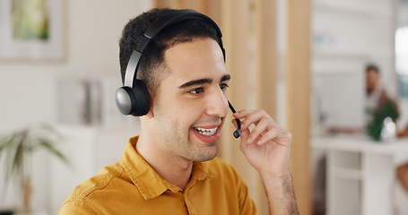 Image showing Call center, communication and face of man with microphone in office for CRM questions, FAQ contact and IT support. Telemarketing agent, salesman and online advisory to offer help of telecom solution