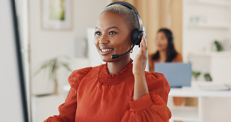 Image showing Call center, black woman and communication at computer in office for CRM questions, FAQ contact and IT support. Happy telemarketing agent at desktop for sales advisory, telecom solution or consulting