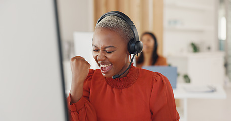 Image showing Winner, success and target with a black woman in a call center for customer service or support. Wow, motivation and celebration with a young employee consulting in a crm or telemarketing office