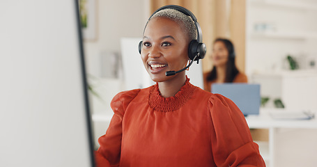 Image showing Call center, black woman and consulting at computer in office for CRM questions, FAQ contact and IT support. Happy telemarketing agent at desktop for sales advisory, telecom solution and offer help