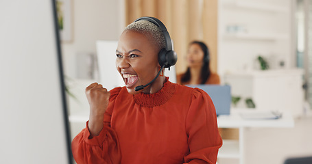 Image showing Winner, success and motivation with a black woman in a call center for customer service or support. Wow, target and celebration with a young employee consulting in a crm or telemarketing office