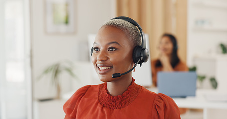 Image showing Call center, black woman and online consulting in office for CRM questions, FAQ contact and IT support. Happy telemarketing agent at computer for sales advisory, telecom solution or offer client help