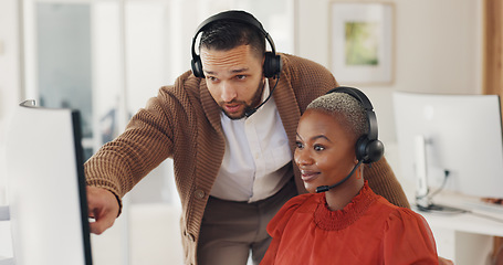 Image showing Customer service, manager training black woman at computer and call center agent internship in office. Coaching, learning and crm team, man with telemarketing consultant at desk and help with sales.