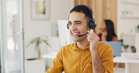 Image showing Call center, man and online consulting in office for CRM questions, FAQ contact and IT support. Happy telemarketing agent with communication for sales advisory, telecom solution and offer client help