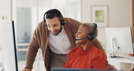 Image showing Customer service, happy man training black woman at computer and call center agent internship in office. Coaching, learning and team, manager with telemarketing consultant at desk and help with sales