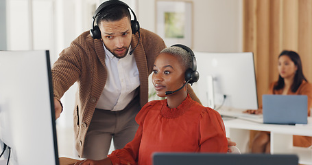 Image showing Call center, manager training black woman at computer and internship for customer service agent in office. Coaching, learning and team, man with telemarketing consultant at desk and help with sales.