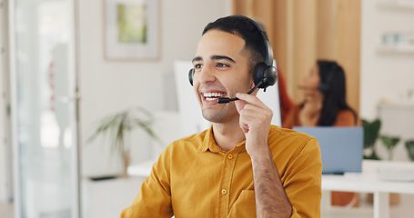 Image showing Call center, man and happy online consulting in office for CRM questions, FAQ contact and IT support. Telemarketing agent with communication for sales advisory, telecom solution and offer client help