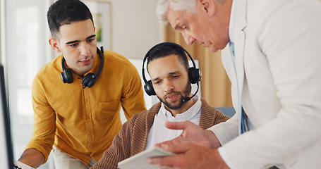 Image showing Call center, manager and team with tablet in office, internship for customer service agent. Coaching, learning and online crm report, man and telemarketing consultant at desk to help in digital sales