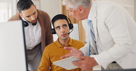 Image showing Telemarketing, manager and team with tablet in office, internship for customer service agent. Coaching, learning and online crm report, man and call center consultant at desk to help in digital sales