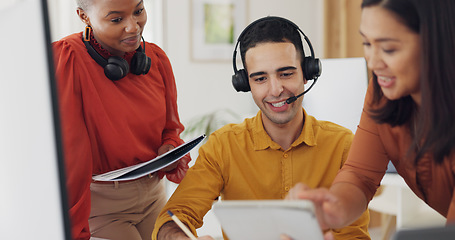 Image showing Call center, team and smile with tablet in office for CRM update, planning FAQ and IT support. Happy telemarketing group, digital technology and discussion of sales advice, telecom software and help