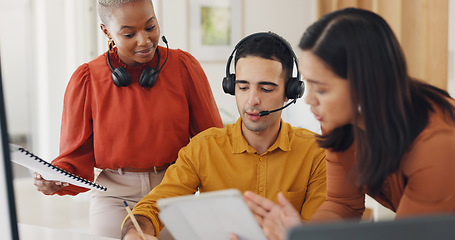 Image showing Documents, call center or telemarketing team training with sales consultants for customer support. Diversity, teamwork or woman teaching in conversation for crm management, coaching or education