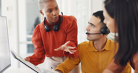 Image showing Documents, woman or call center team training with sales consultants for customer support. Diversity, teamwork or leader teaching in conversation for telecom or crm management, coaching or education