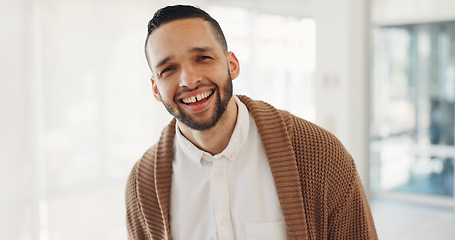 Image showing Portrait, smile and business man in company, startup office or workplace for career or job. Face, creative designer and funny professional worker laughing, happy employee and entrepreneur in Brazil