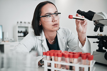 Image showing Scientist, woman and blood test, microscope or laboratory research for DNA, virus analysis or medical study. Professional science or asian person in biotechnology, glasses or check red liquid in tube