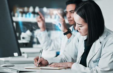 Image showing Medical, science and man with woman, hologram and futuristic with chemistry, writing and healthcare innovation. Holographic, staff and doctors with cooperation, teamwork and data analytics in a lab