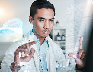 Image showing Graphic screen, planning and a doctor with research on the brain, neurology or futuristic data. Serious, healthcare and an Asian surgeon with inspection or reading information on a virtual dashboard