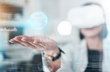 Image showing Virtual reality, overlay and hands of scientist in laboratory with globe, digital transformation and medical research on hologram. Woman, global network and futuristic vr with web innovation for work