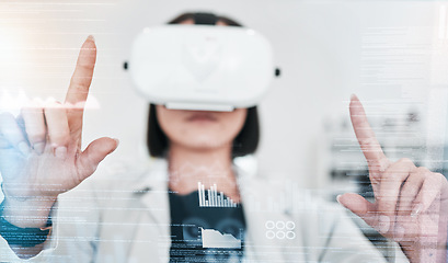 Image showing Virtual reality, overlay and hands of scientist in laboratory for digital transformation and medical research on hologram. Woman, tech growth in science and futuristic vr with web innovation for work