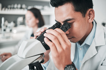 Image showing Microscope, face and man in laboratory for medical research, dna analysis or studying science, genes or particles. Scientist, biotechnology and lens for investigation, test or healthcare development