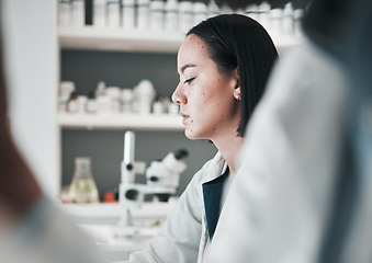 Image showing Medical, thinking and woman with research, science and data analysis with planning, brainstorming and decision. Smart person, researcher and scientist with chemistry, breakthrough and problem solving