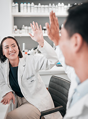 Image showing Medical, research and man with woman, high five and science with achievement, teamwork and congratulations. Coworkers, happy scientist and mentor with hand gesture, chemistry and success with support