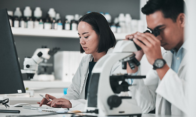 Image showing Science, team in research and man with microscope in laboratory, data for drugs or medical innovation. Healthcare, biotech lab analytics and medicine, scientist collaboration in pharmaceutical study.