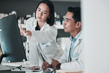 Image showing Scientist, teamwork and computer for medical analysis or laboratory report, research and training support. Science doctors or people talking of vaccine solution, advice and desktop for online results