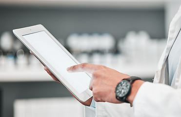 Image showing Tablet, pharmacy and hands of person with mockup space for advertising, wellness app and telehealth. Healthcare, pharmaceutical and worker on digital tech for medical service, medicine and research