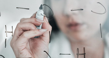 Image showing Scientist hand, writing closeup and board with formula, writing and pharmaceutical research in lab. Person and science worker with chemistry, hospital and laboratory planning with analytics